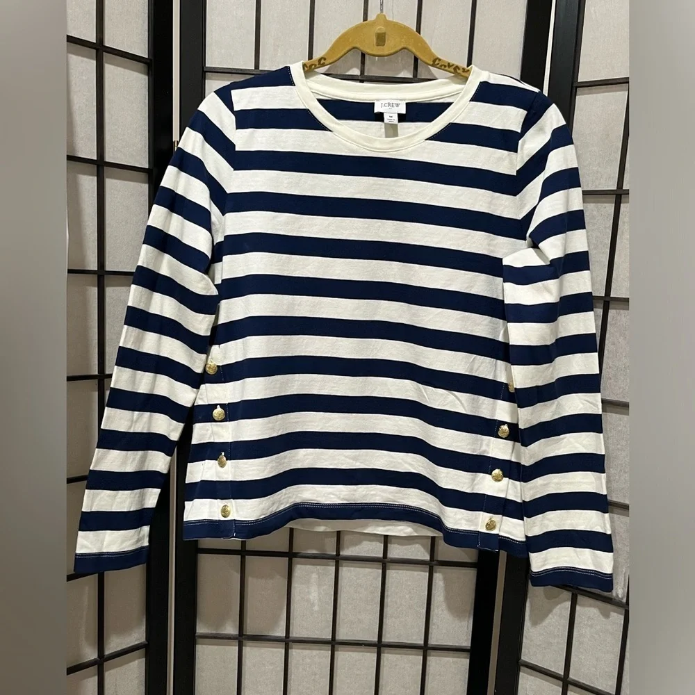 J. Crew Navy and White COASTAL Striped BUTTON SIDE TEE Top WOMEN SIZE M